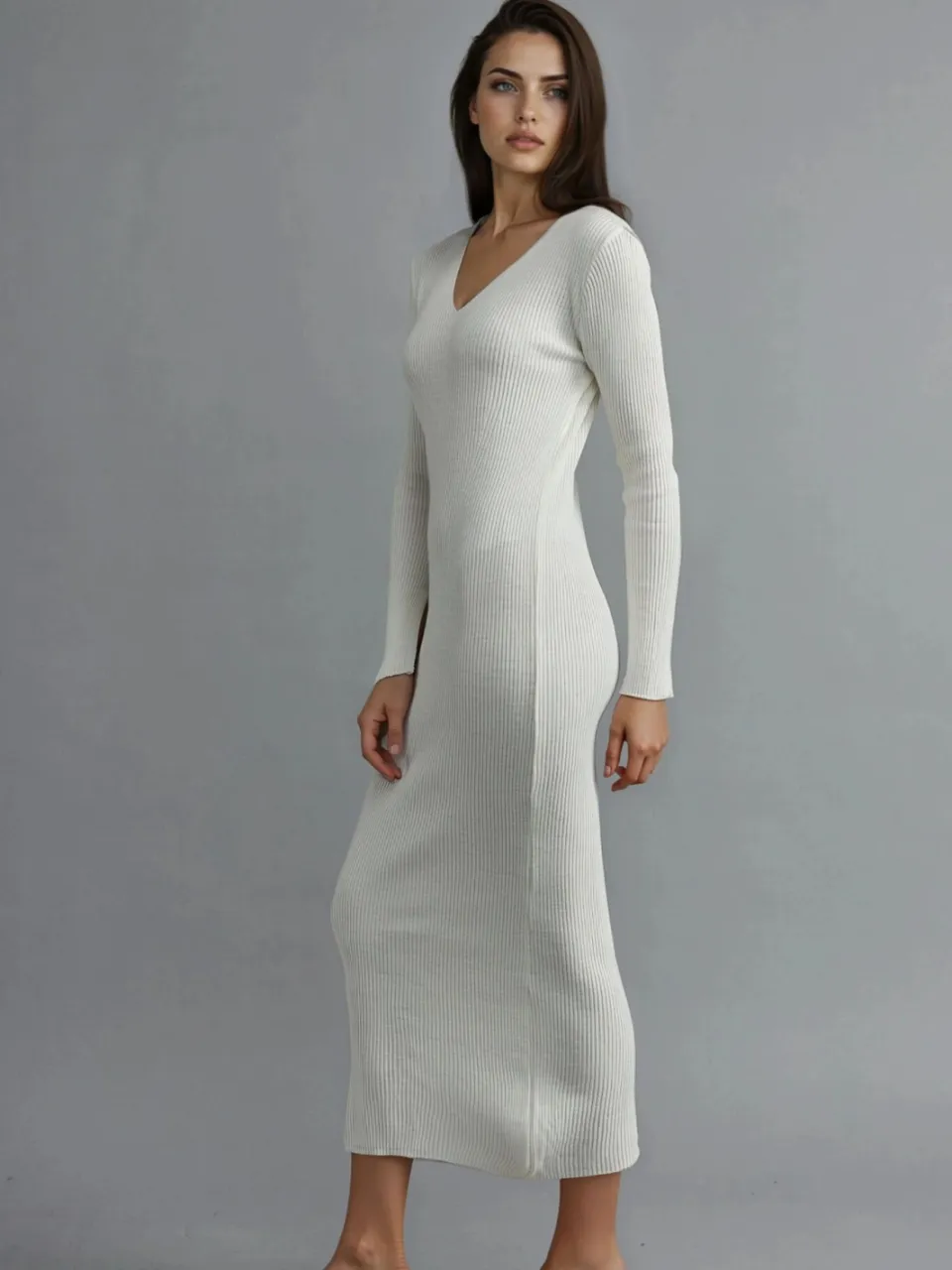 MyFashion V-hals Textured Maxi Gebreide Jurk met Split gebroken wit, foto 2