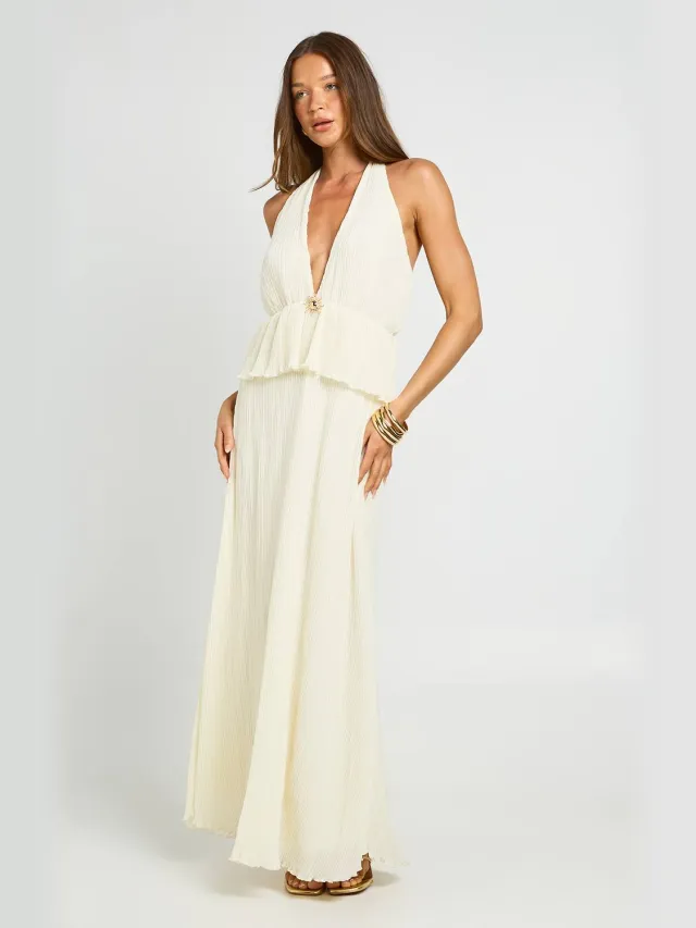boohoo Dames Geplisseerde Maxi Jurk Met Gouden Details En Diepe Halslijn Ivoor