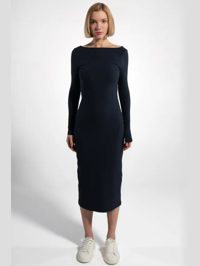 GORG dames vegan Midi Jurk Lange Mouw Geribd Marineblauw Extra donkerblauw