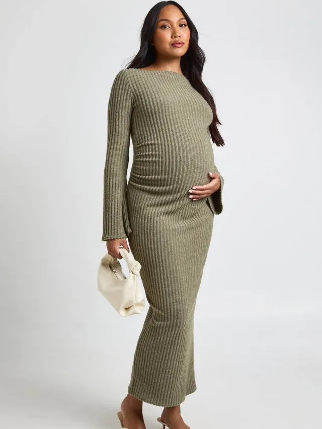 boohoo Dames Zwangerschaps Off-shoulder Midaxi Jurk Kaki