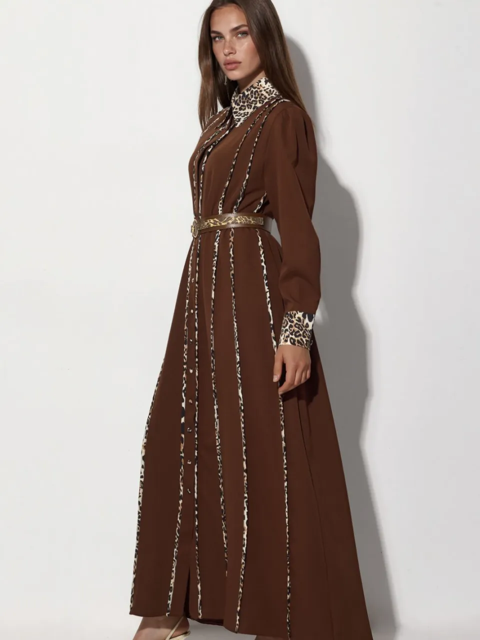 MSN Collection Leopardprint Maxi Shirt Jurk bruin, foto 2