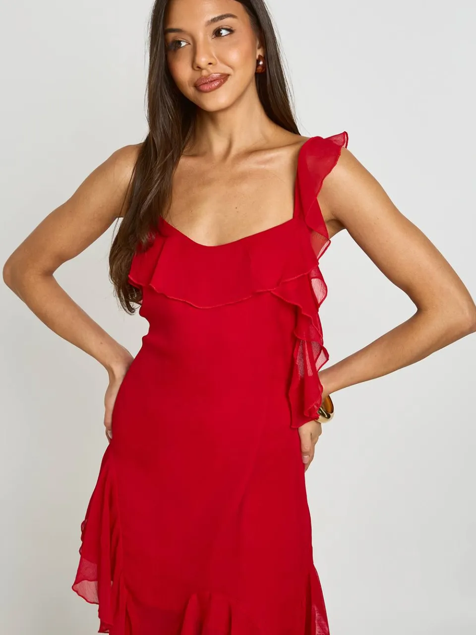boohoo Dames Chiffon Midi-jurk Met Ruche Detail En Asymmetrische Snit rood, foto 3