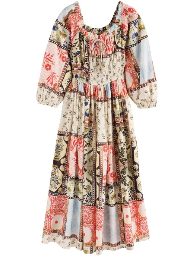 Next Dames - Halflange jurk met lange mouwen, strik en vierkanten halslijn - Rood Multi Print National Trust X Next