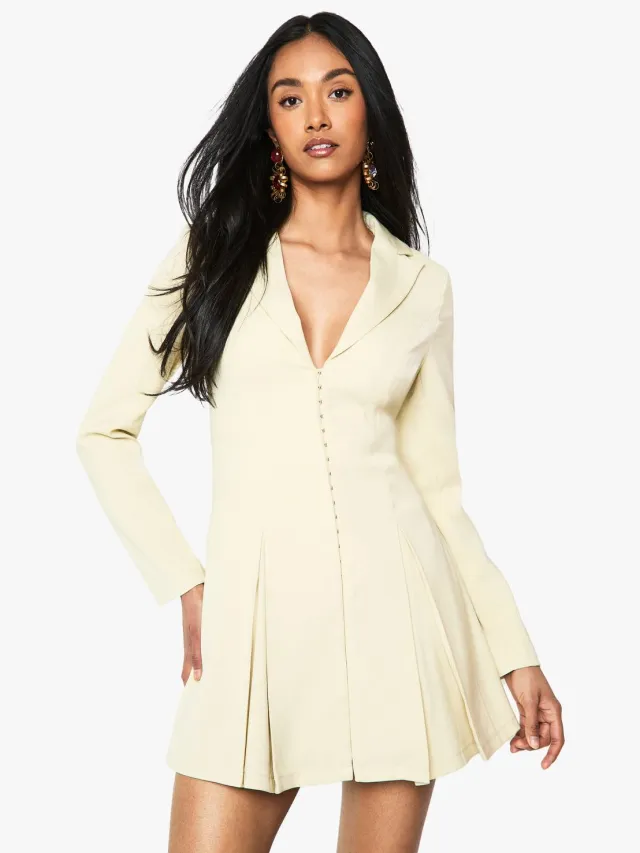 boohoo Dames Tailored Hook & Eye Detail Cinched Waist Blazer Dress Citroen