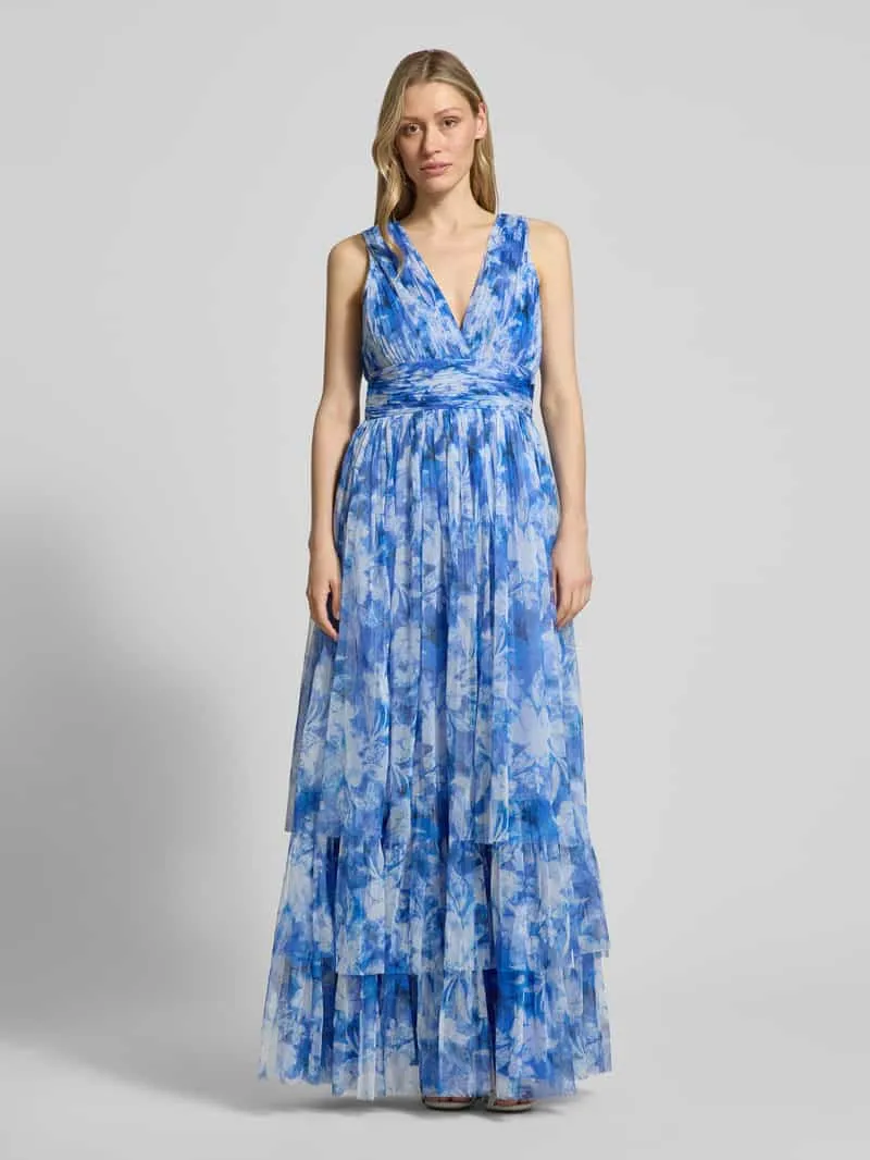 Lace & Beads Avondjurk met volantzoom en V-hals Blauw