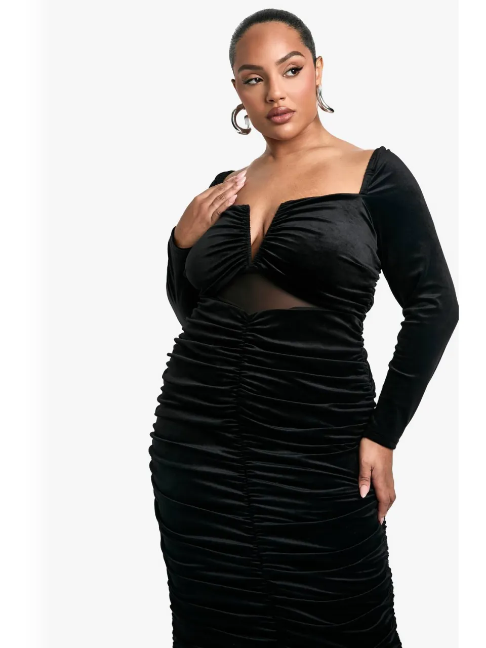 boohoo Dames Plus Fluwelen Doorzichtig Gedetailleerde Lange Mouwen Midi Jurk zwart, foto 3