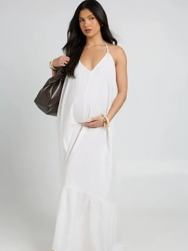 boohoo Dames Zwangerschaps Maxi Jurk Met Kralendetail En Strik Op Éen Schouder Ecru
