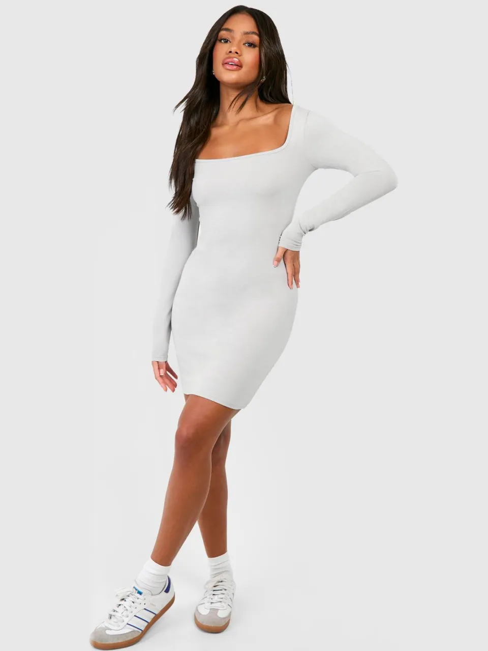 boohoo Dames Square Neck Modal Long Sleeve Bodycon Dress grijs, foto 3