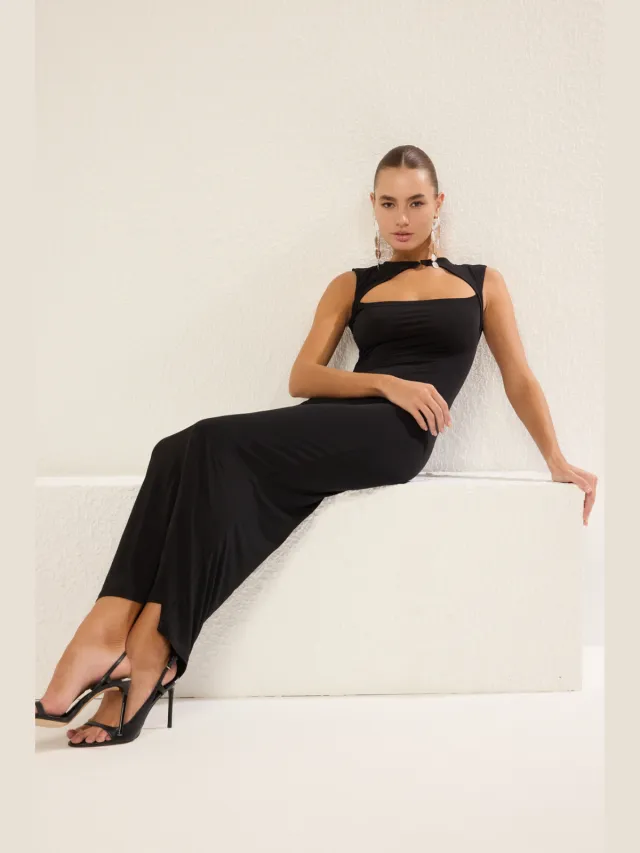 Trendyol TRENDYOLMİLLA Dames Zwart Effen Maxi Mouwloos Stijlvol/Avond Recht Jurken