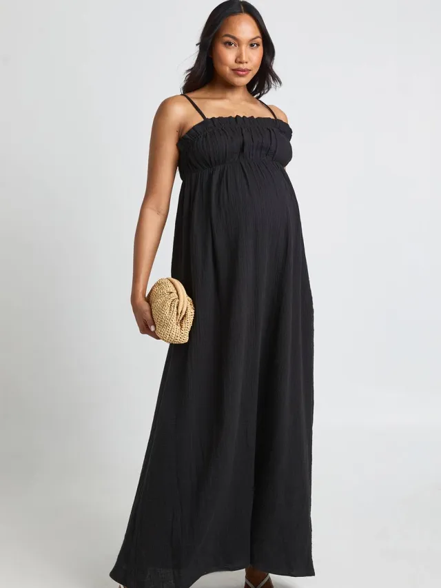 boohoo Dames Zwangerschaps Katoenen Gaas Maxi Smock Jurk Zwart