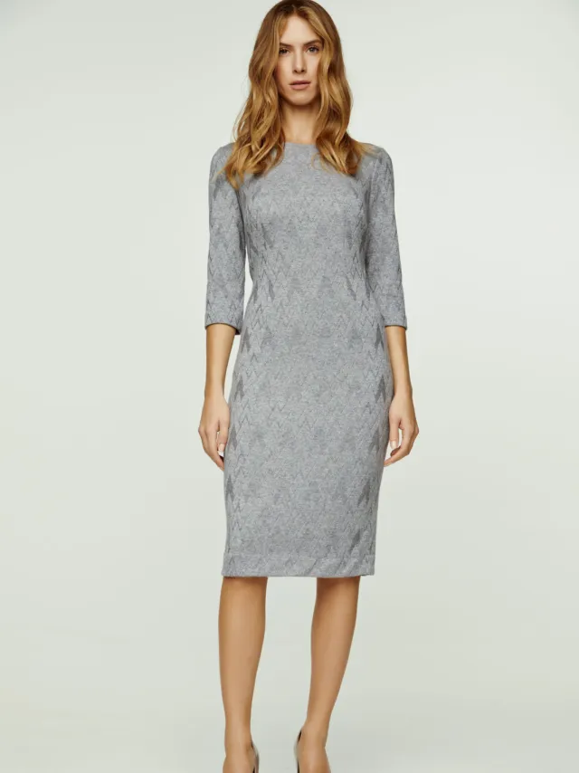 Conquista 3/4 mouw grijs jacquard jurk met pasvorm