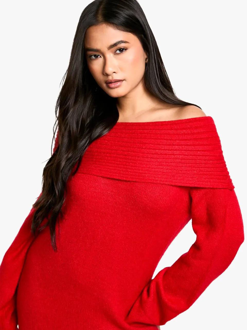 boohoo Dames Premium Oversized Rib Bardot Halslijn Zachte Gebreide Jumper Jurk rood, foto 2