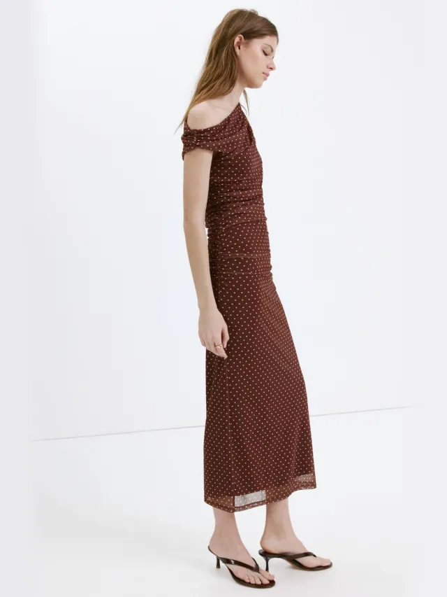 Mango off shoulder midi jurk met stippen - bruin Bruin/wit
