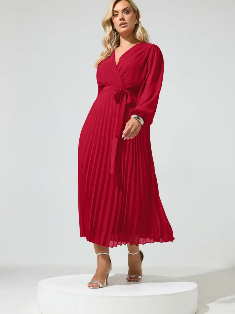Yours London Rode Geplooide Wikkeljurk Met Lange Mouwen rood, foto 2