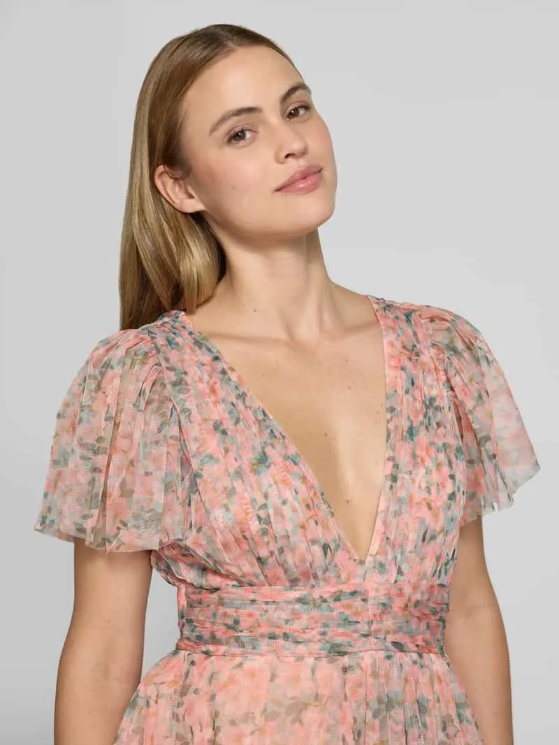 Lace & Beads Cocktailjurk in laagjeslook met tailleband abrikoos, foto 5