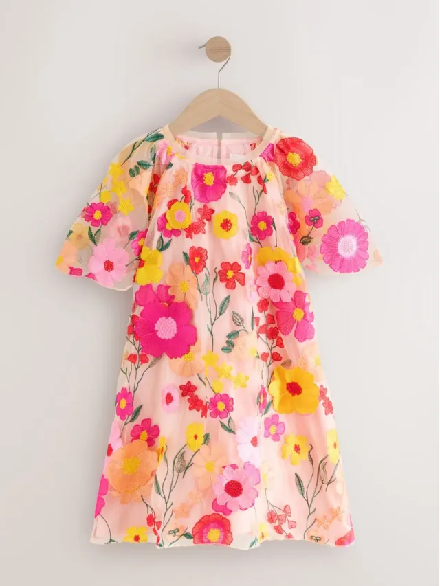 Next Meisjes - 3D Geborduurde Bloemen Feestjurk - Roze Pink