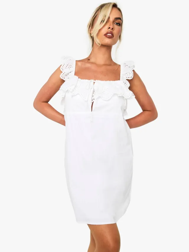 boohoo Dames Cotton Ruffle Crochet Smock Mini Dress Wit