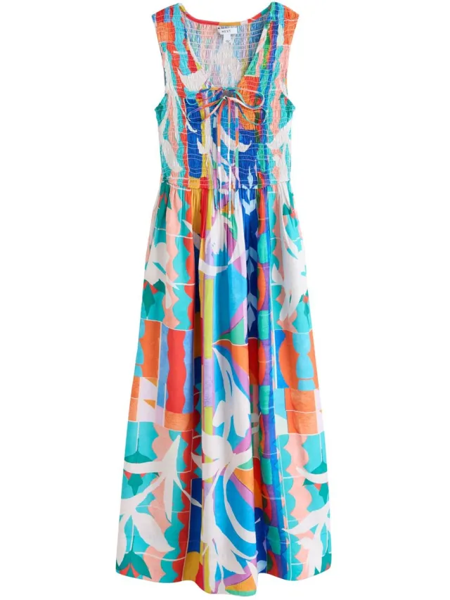 Next Dames - Maxi-jurk met gerimpeld lijfje en strik - Tall - Blauw Multi Print