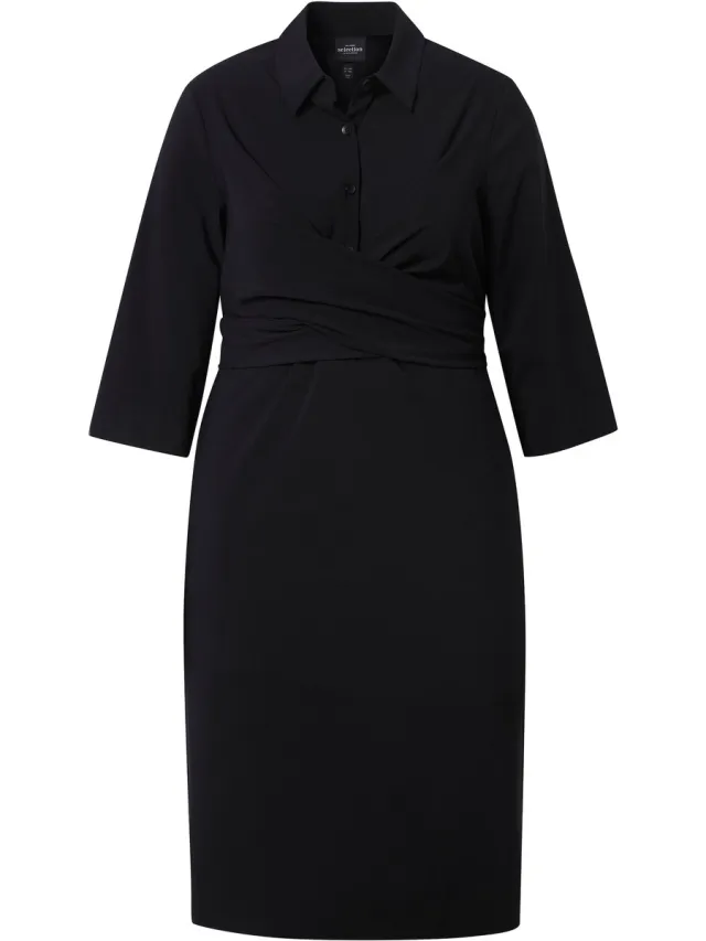 Ulla Popken Dames - Midi-jurk wikkellook A-lijn overhemdkraag 3/4-mouwen - Zwart - Maat 46+