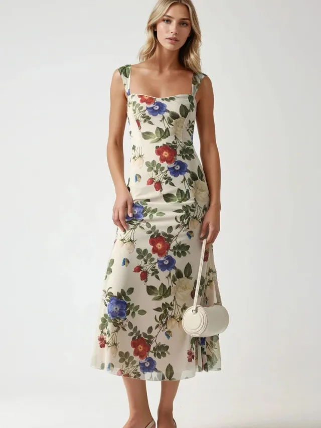 Hiccup Geprinte Maxi-jurk met Hartkraag Naturel