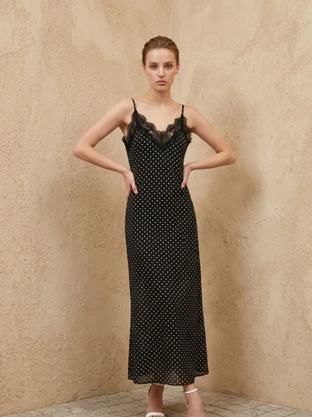 MyFashion Dames Polka Dot Chiffon Maxi Jurk Zwart