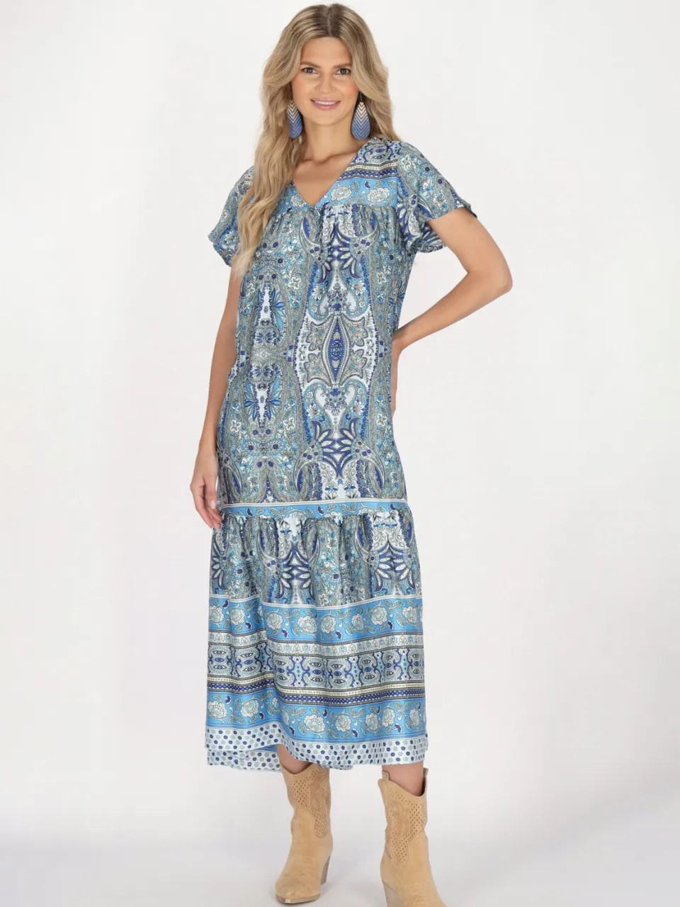Usha Jurk Dames Blauw Veelkleurig