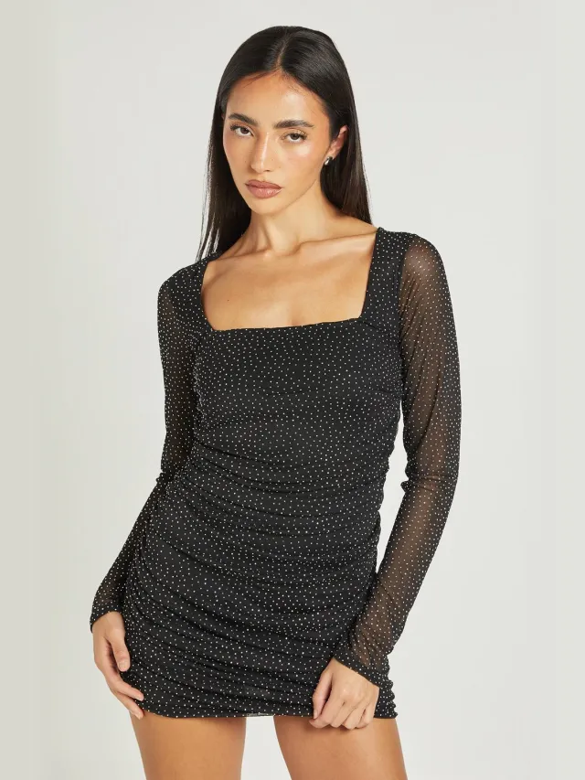 boohoo Dames Hotfix Vierkante Hals Mesh Mini Jurk Zwart