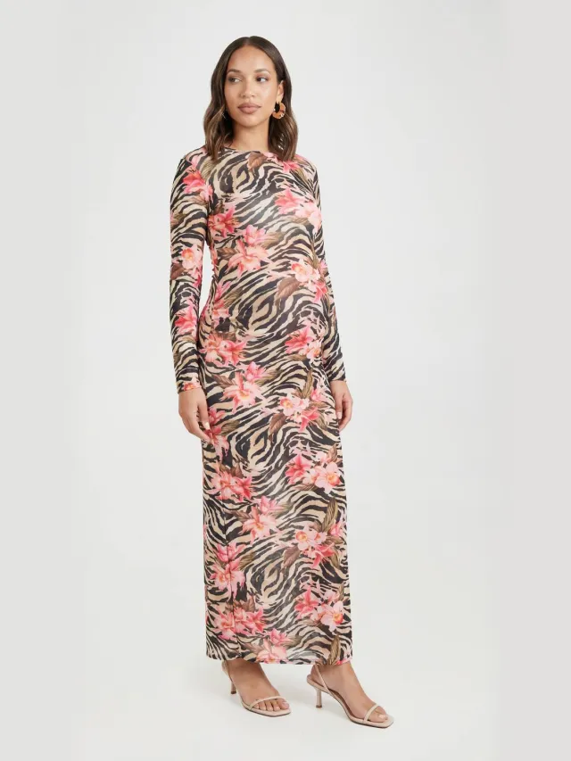 boohoo Dames Zwangerschaps Maxi Jurk Met Abstracte Print En Lange Mouwen Zwart