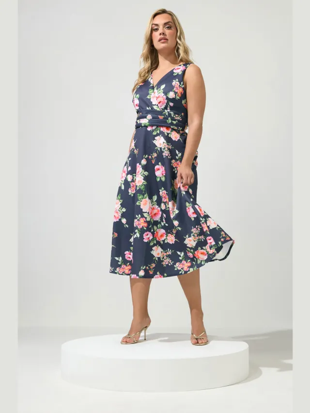 Yours London Marineblauwe Midijurk Met Bloemenprint Blue