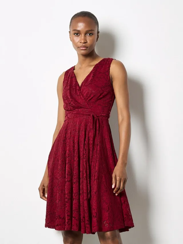 Apricot Floral Lace Fit And Flare Mini Dress Burgundy