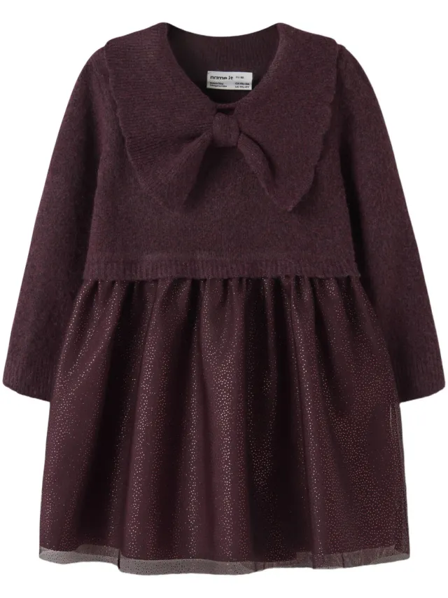 NAME IT MINI korte gebreide jurk met glitters - bordeauxrood