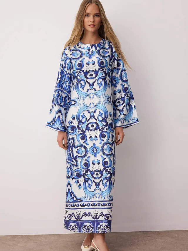 Trendyol Modest Dames Blauw Etnisch patroon Maxi Lang Stijlvol/Avond Recht Modest Avond Jurken