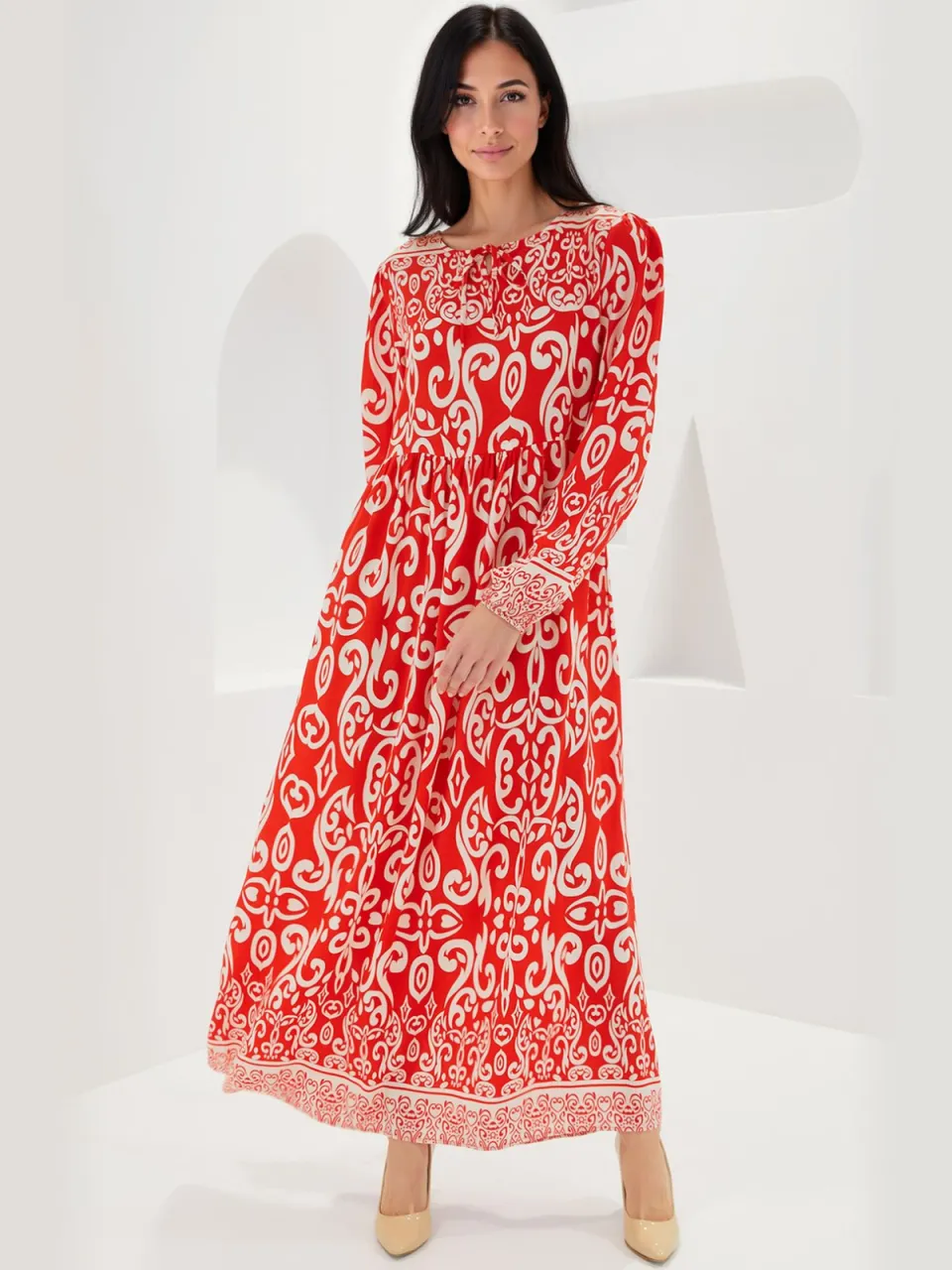 Big Dart Geprinte Maxi Jurk met Strikdetails Rood