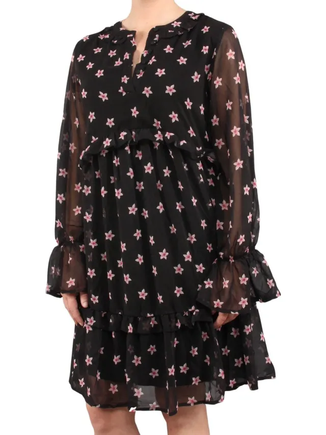 NA-KD Floral Print Ruffled Dress Black