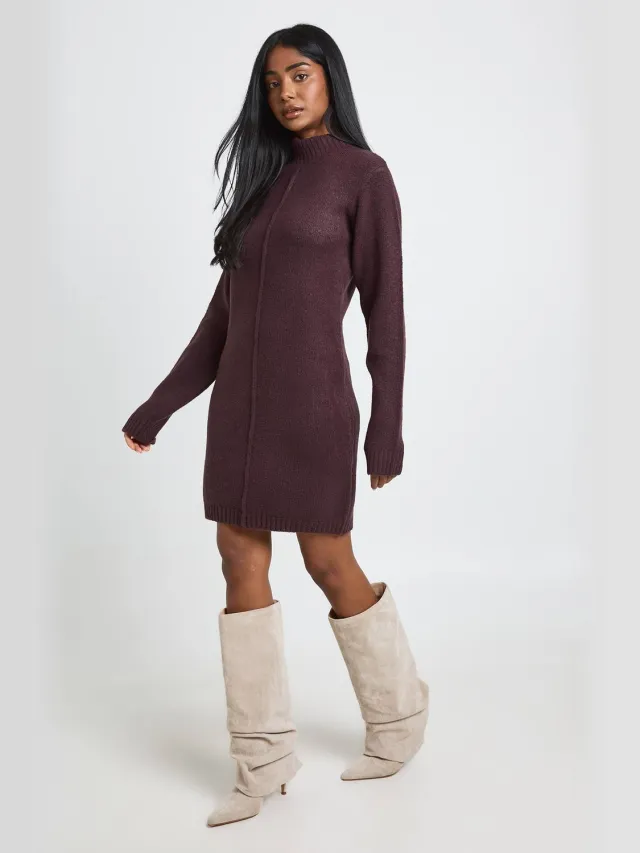 boohoo Dames Gebreide Mini Trui-jurk Met Hoge Hals En Naaddetail Chocoladebruin
