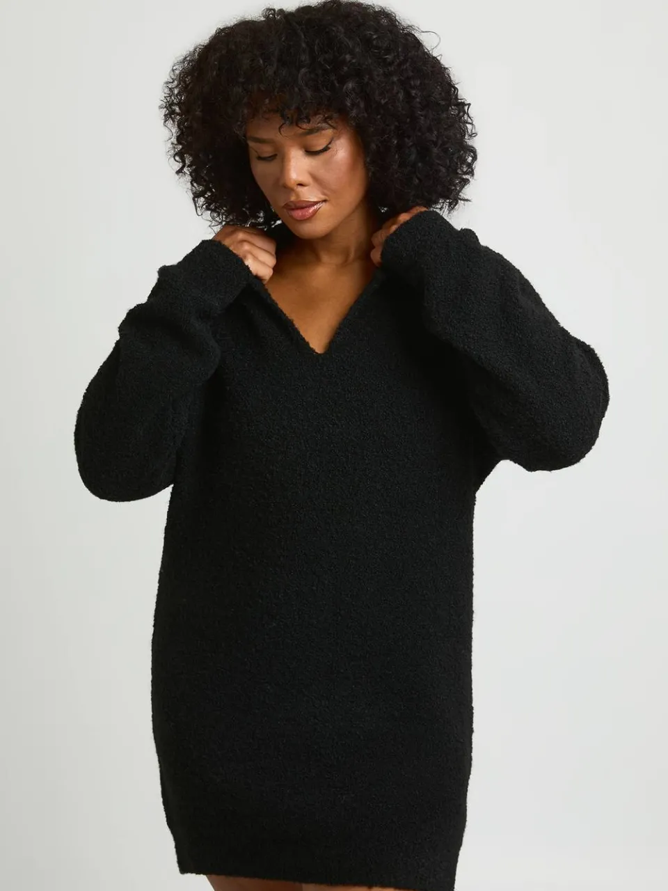 boohoo Dames Plus Jurk Met Kraag In Boucle Gebreide Mini-trui zwart, foto 2