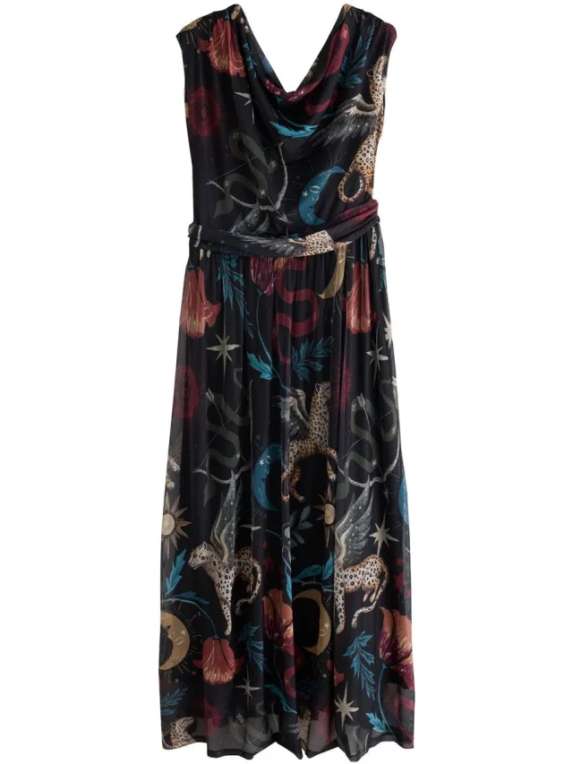 Next Dames - Mesh midi-jurk met blote schouder - Zwart Black Celestial Print