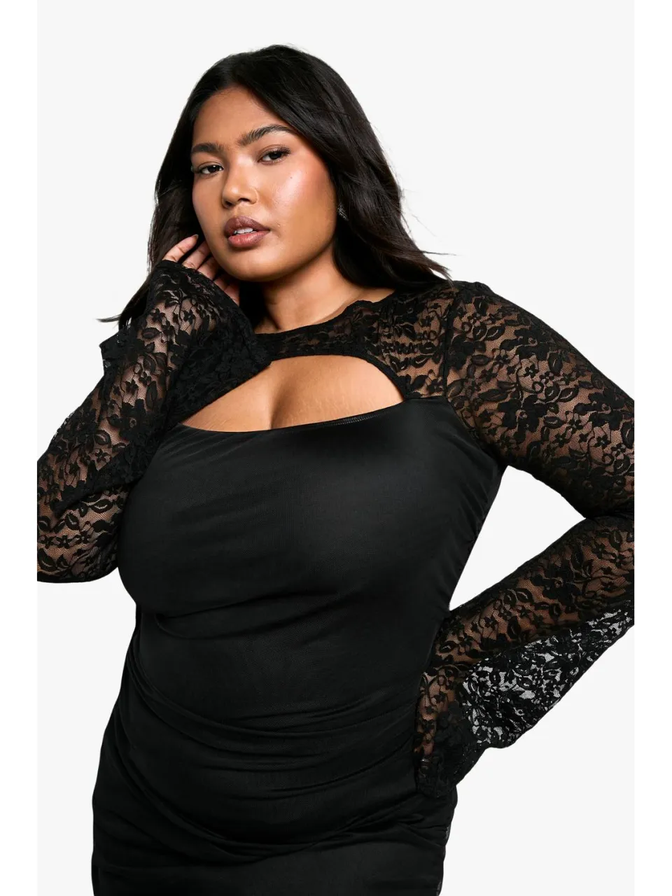 boohoo Dames Plus-maat Mesh Kant Geruched Bodycon Jurk zwart, foto 4