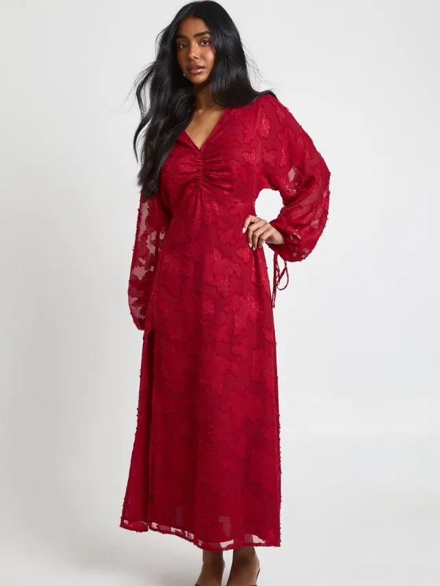 boohoo Dames Bloemen Burnout Volumineuze Mouw Midi Jurk Merlot