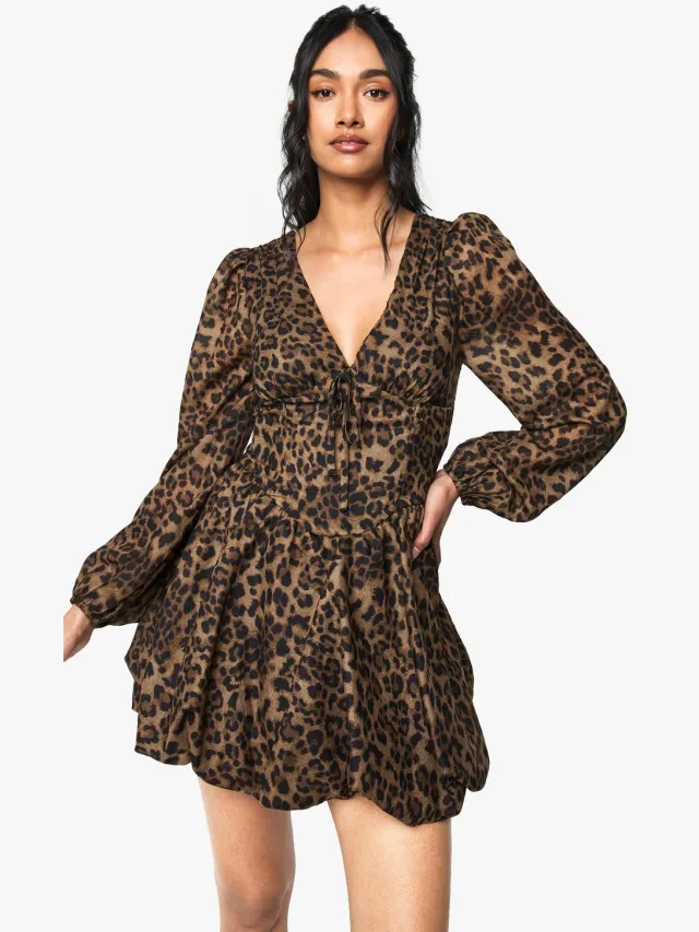 boohoo Dames Chiffon luipaardprint pofmouw melkmeisje skaterjurk, foto 2