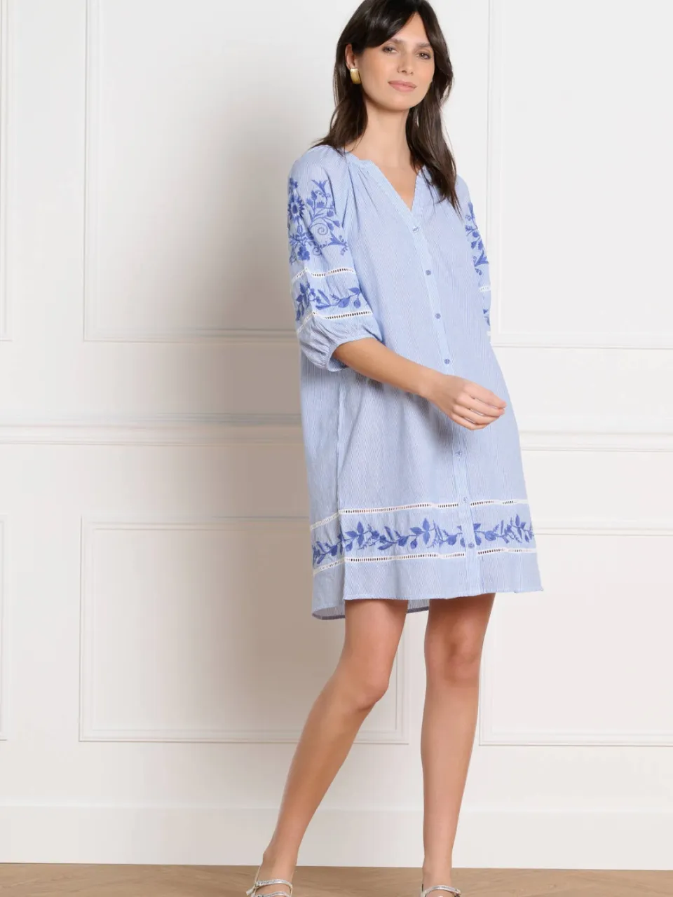 LOLALIZA gestreepte blousejurk broderie blauw, foto 4