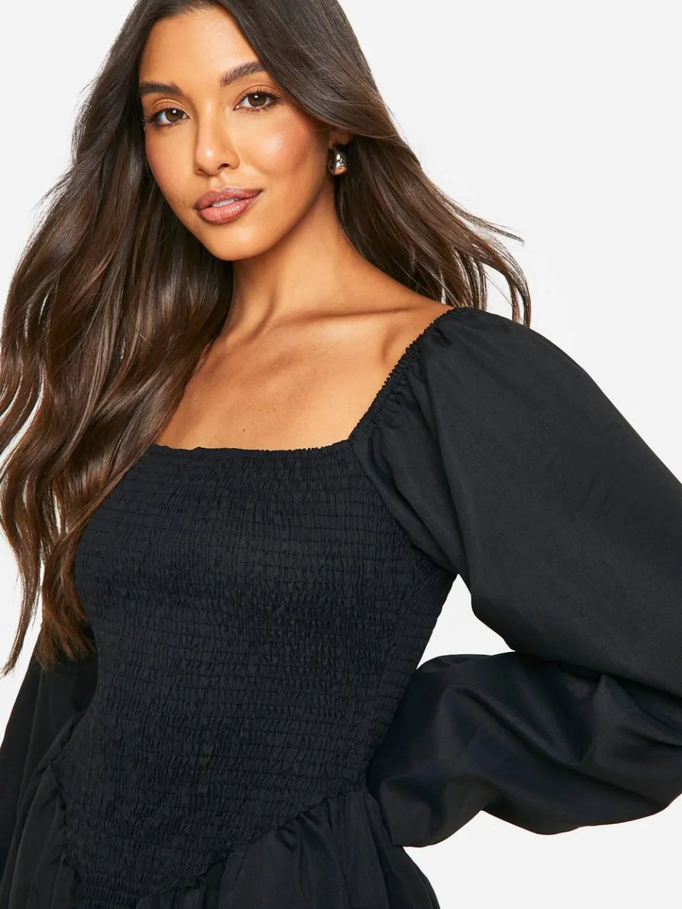 boohoo Dames Gerimpelde Lange Mouw Smock Jurk zwart, foto 4