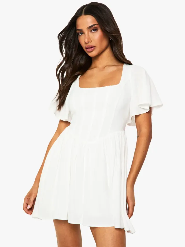 boohoo Dames Petite Linen Mix Corset Engelachtige Mouw Skaterjurk Ivoor