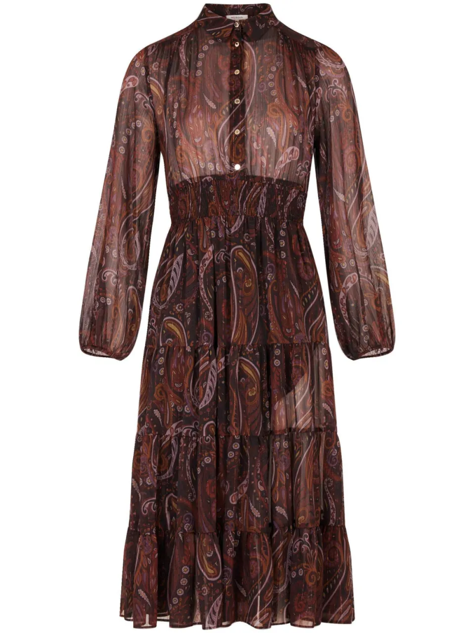 Morgan semi-transparante bohemian midi jurk met ruches en paisley - bruin, foto 2
