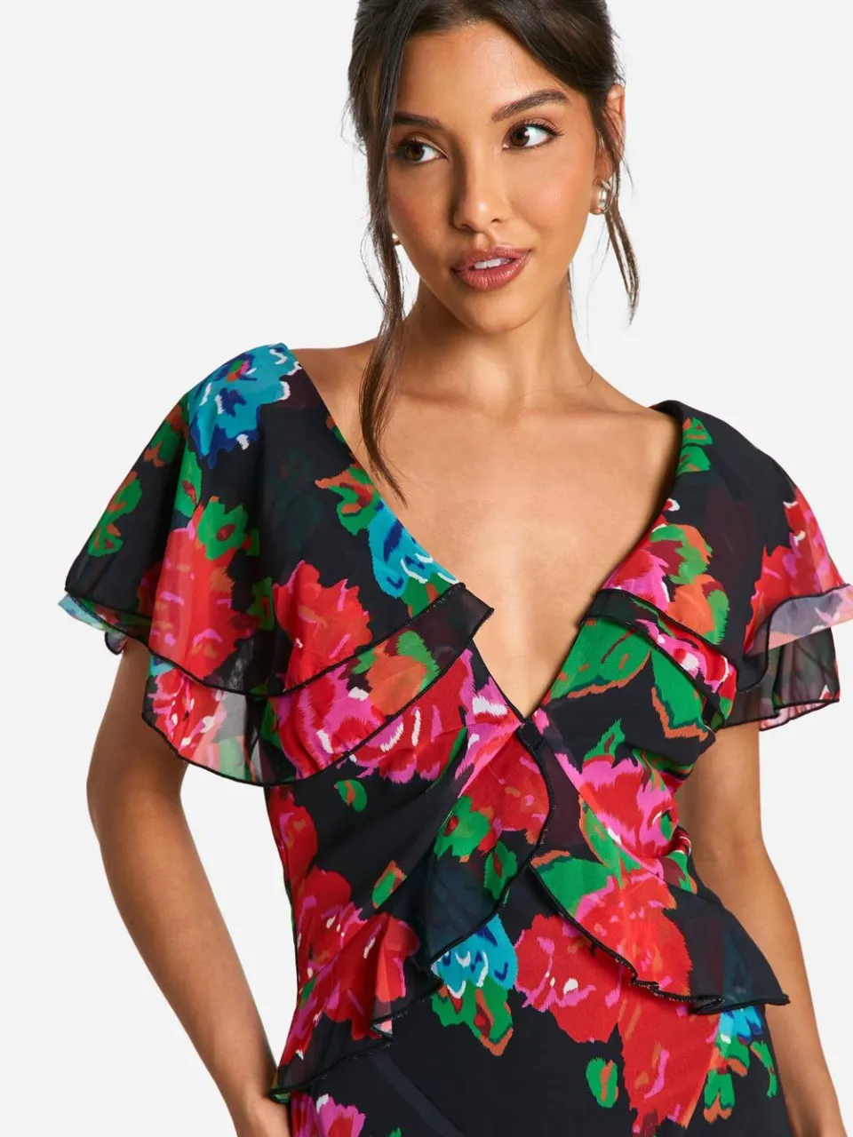 boohoo Dames Floral Ruffle Maxi Dress zwart, foto 2