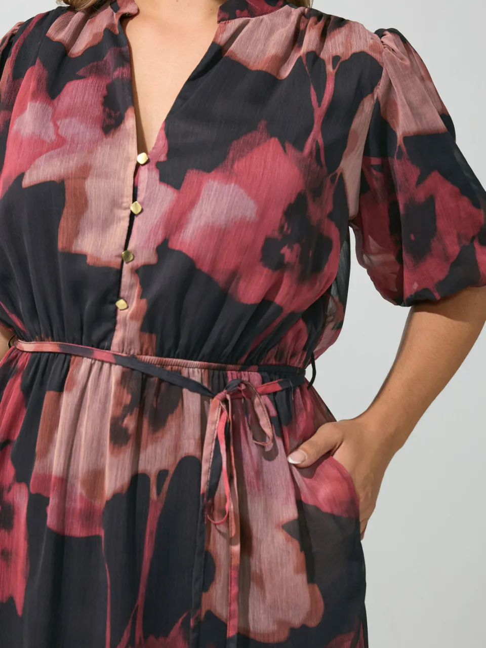 Yours London Curve Rode Jurk Met Wazige Bloemenprint En Pofmouwen rood, foto 5