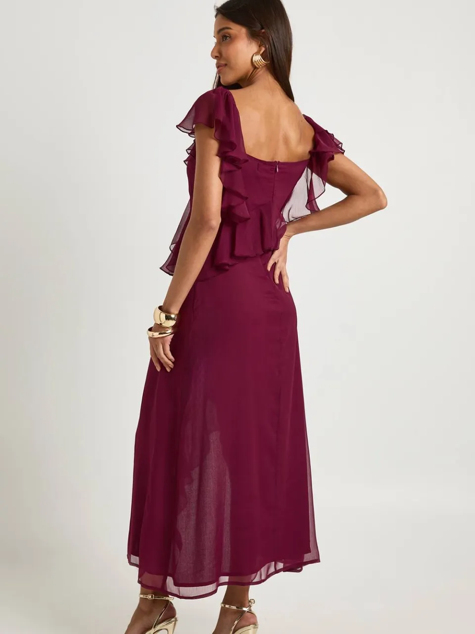 boohoo Dames Midaxi-jurk met ruches en engelenmouwen bordeaux rood, foto 2