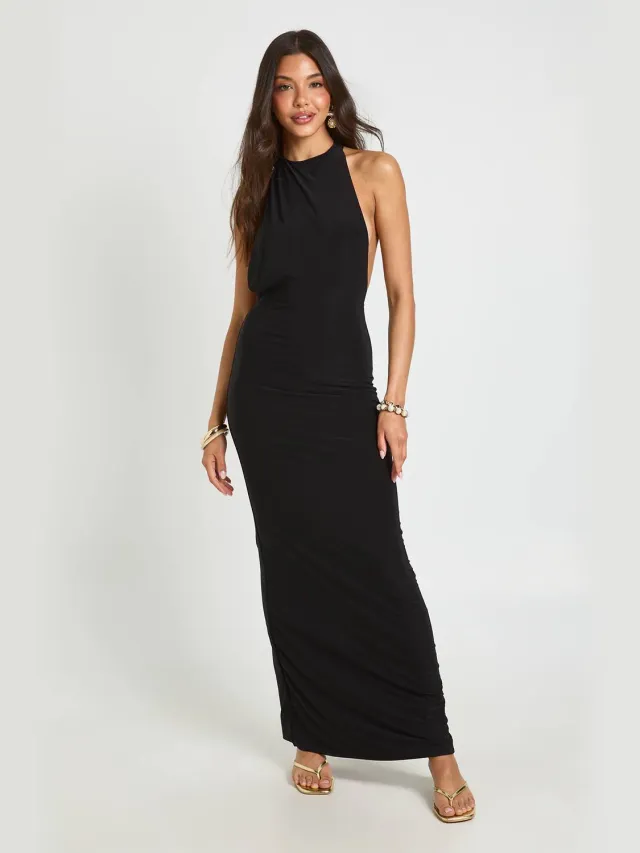 boohoo Dames Halternek Backless Bodycon Maxi Jurk Zwart