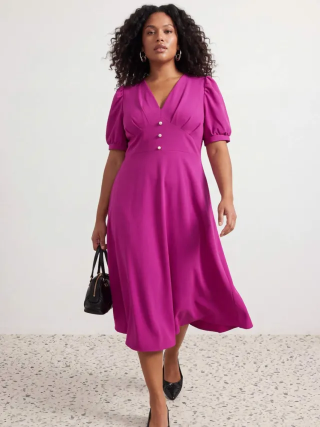 Trendyol Curve Dames Roze Effen Midi Kort Cocktail A-lijn Grote maten Jurk Fuchsia
