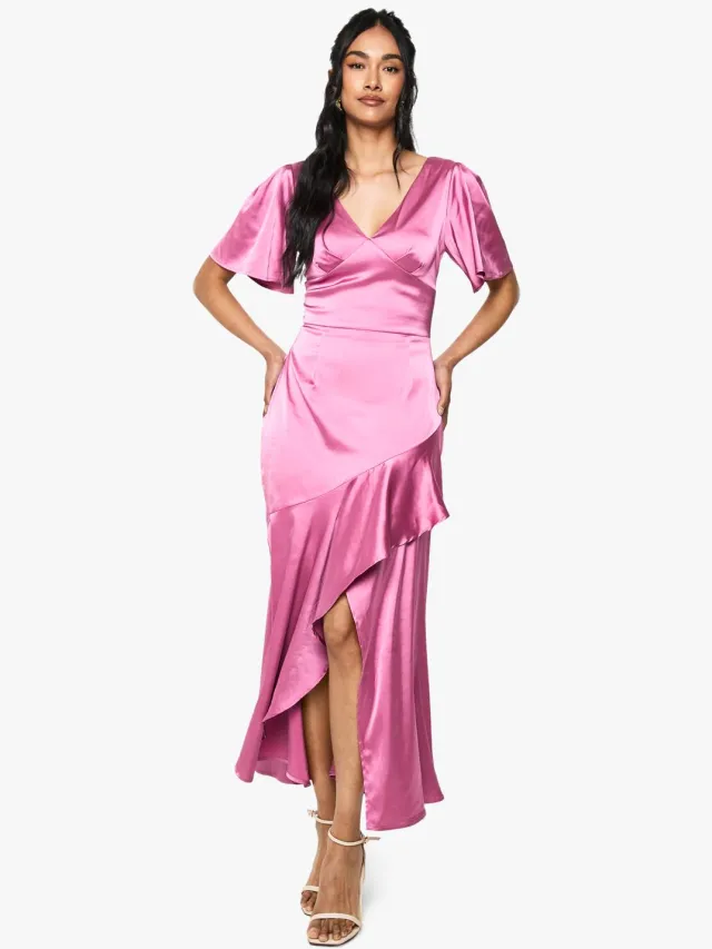 boohoo Dames Satijn Angel Sleeve Midaxi Jurk Pink